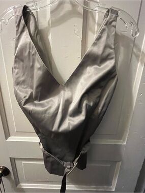 Spiegel Silver Satin-Effect Belted Top